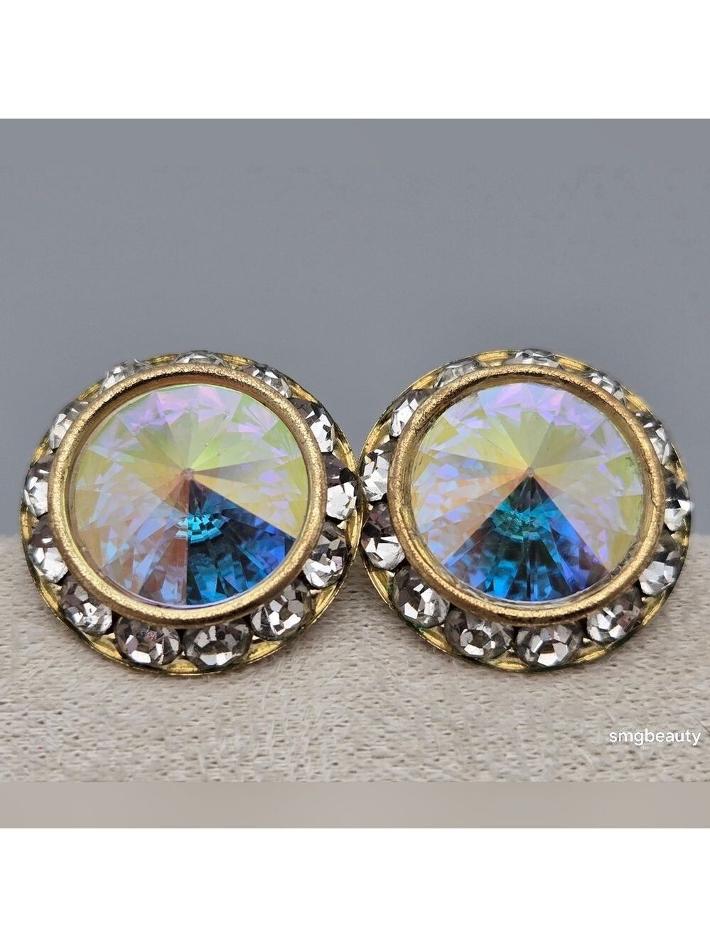 Vintage Rainbow AB Aurora Borealis Stud Earrings Gold Tone 7/8”